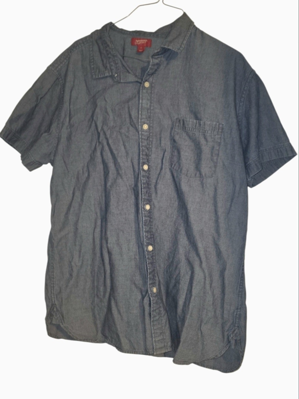 Arizona Jeans Blue Solid Denim 100% Cotton Short Sleeve Button-Up Shirt